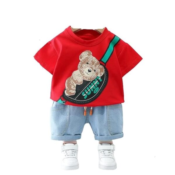 Googo Gaaga Boy's Cotton Printed T-Shirt with Denim Shorts Set in Red Color - Image 3