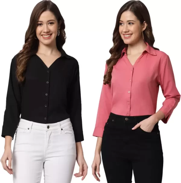 Women Regular Fit Solid Spread Collar Casual Shirt  (Pack of 2)